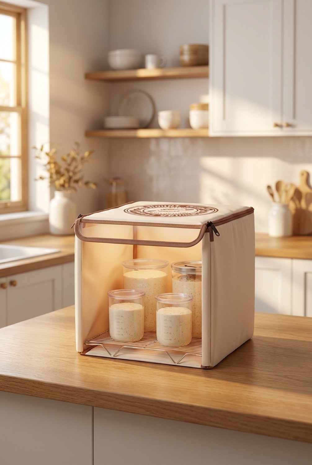 bread proofing box on a warm oak kitchen counter in soft golden-hour light