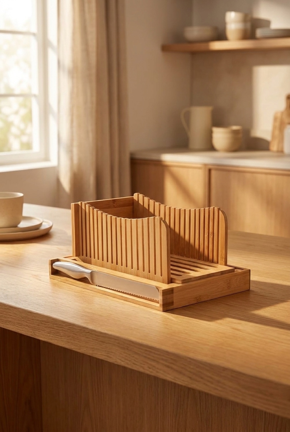 bread slicer on a warm oak kitchen counter in soft golden-hour light