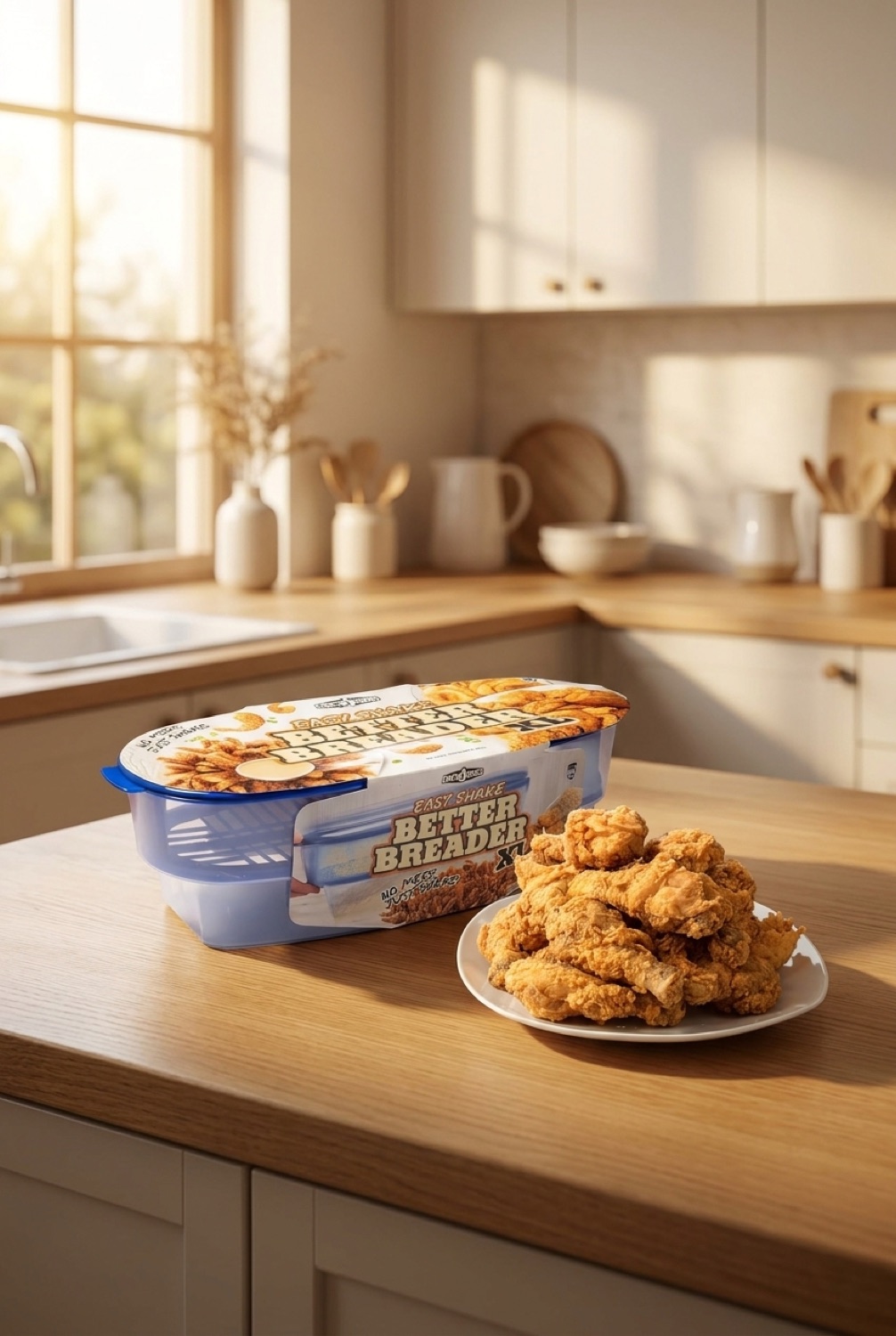 breader batter bowl on a warm oak kitchen counter in soft golden-hour light