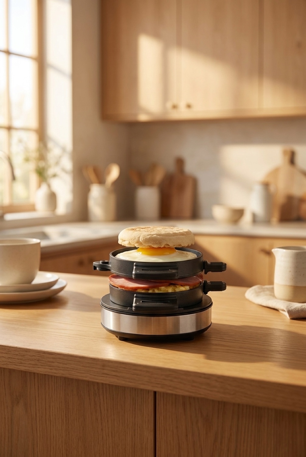 breakfast sandwich maker on a warm oak kitchen counter in soft golden-hour light