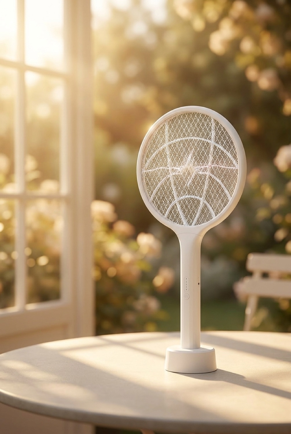 bug zapper racket on a sunny garden patio in soft golden-hour light