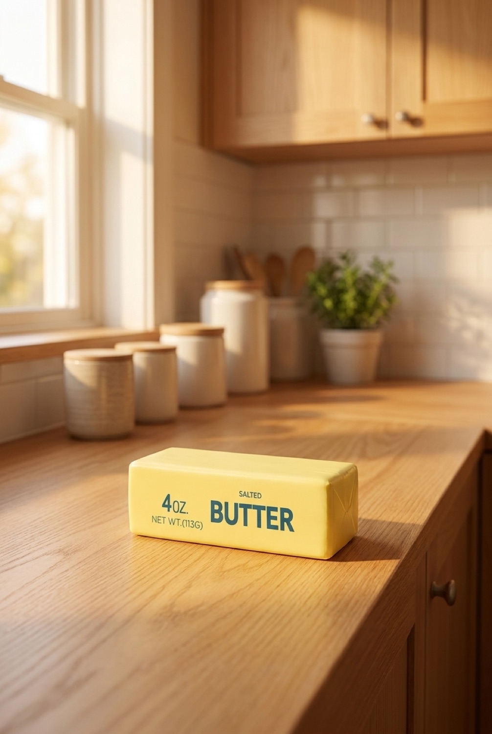 butter squishy on a warm oak kitchen counter in soft golden-hour light
