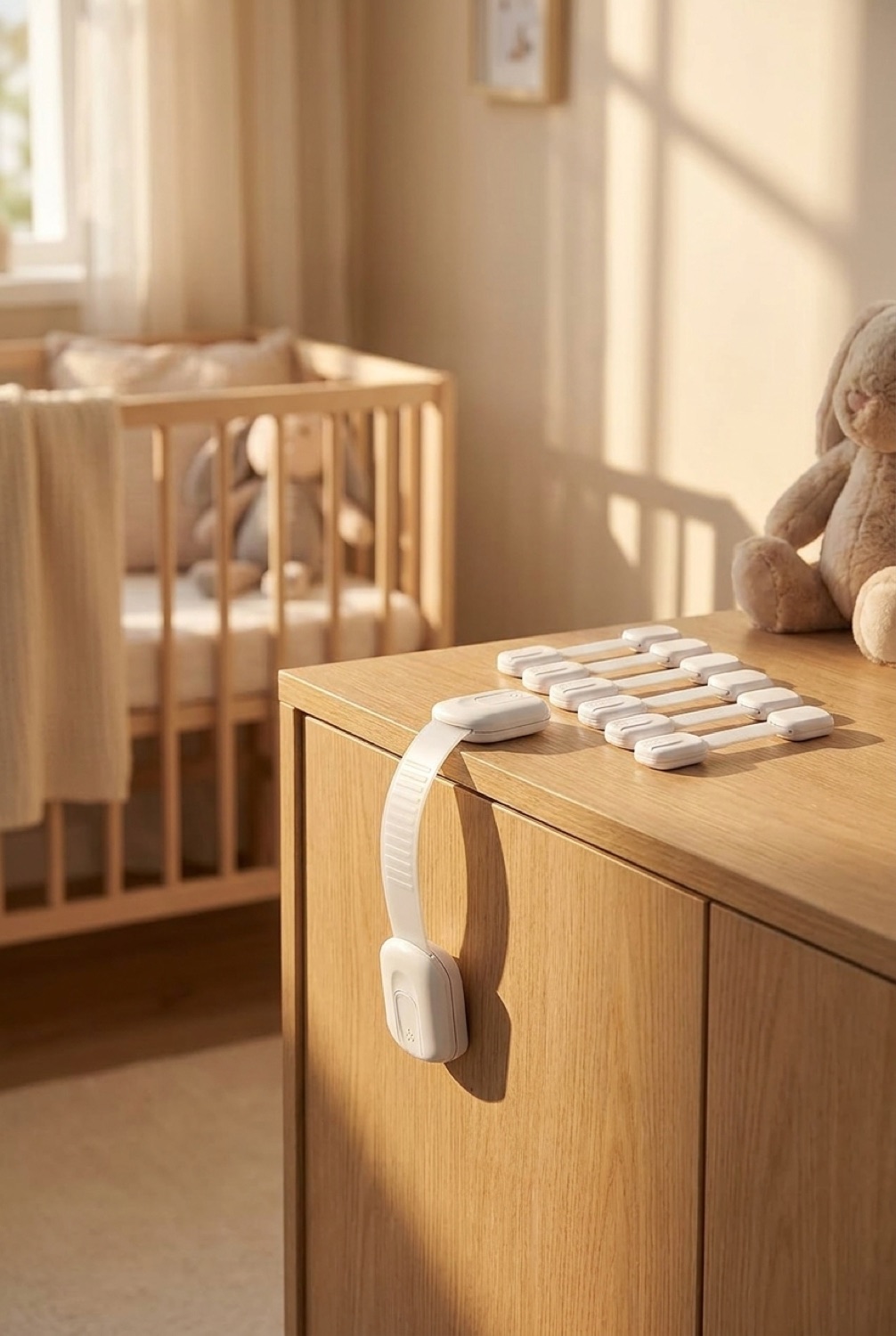 cabinet safety locks in a calm soft nursery in soft golden-hour light