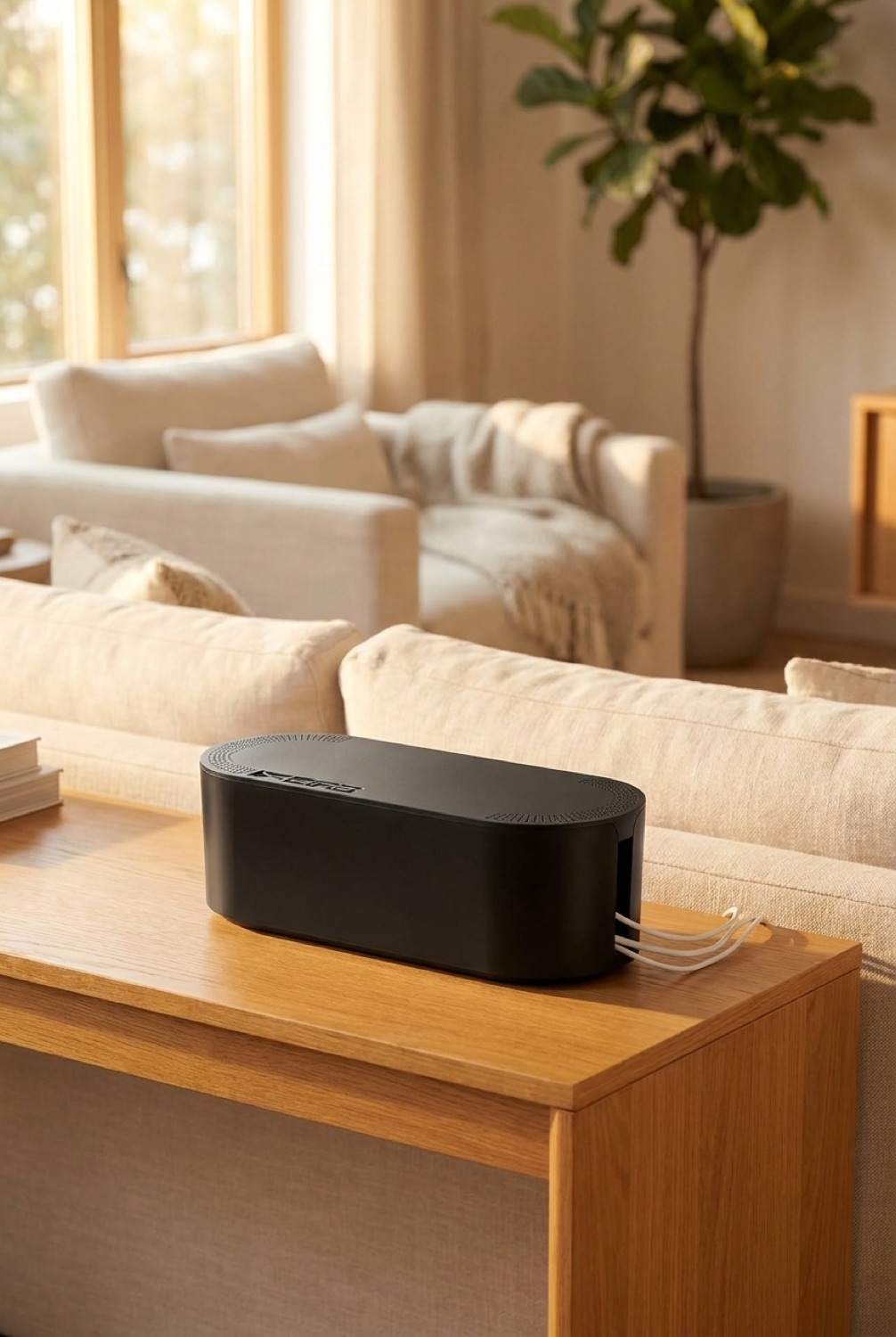 cable management box on a clean modern console in soft golden-hour light