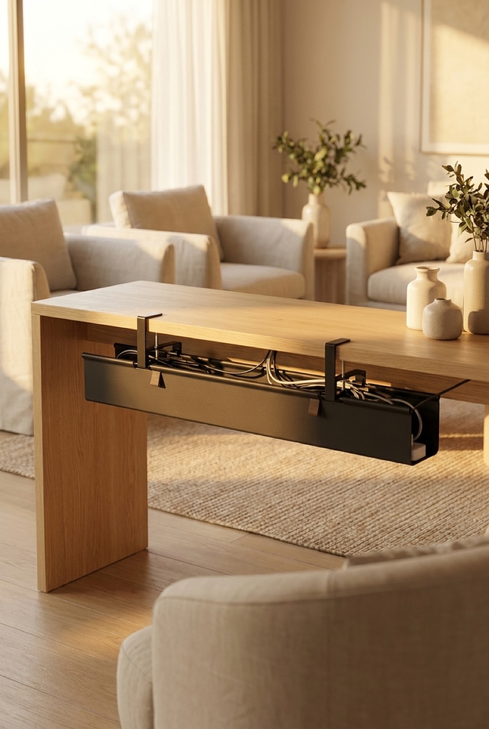 Cable Management Tray in a calm modern living room in soft golden-hour light