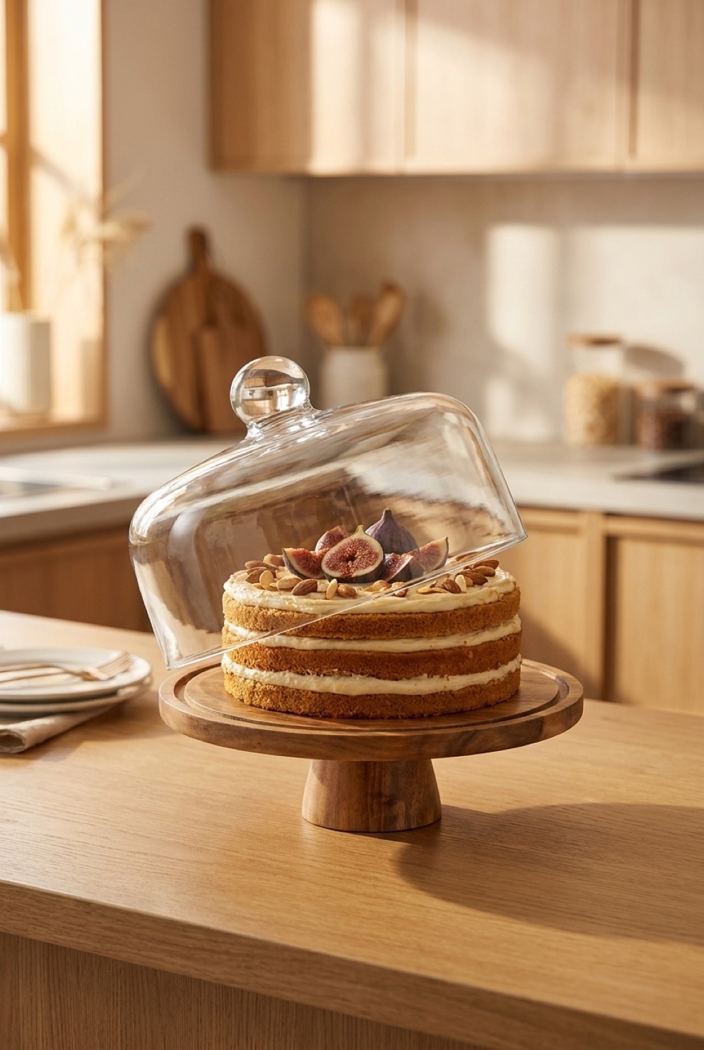 cake display dome on a warm oak kitchen counter in soft golden-hour light