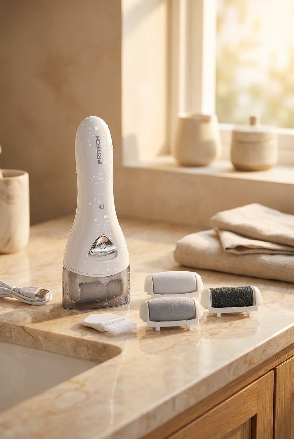 callus remover on a calm bathroom vanity in soft golden-hour light