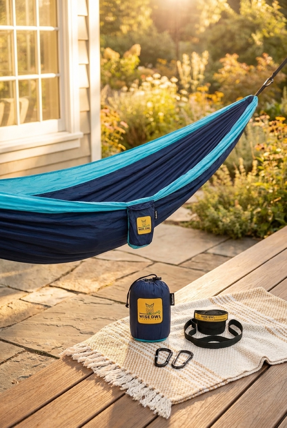 Camping Hammock in a sunny calm garden in soft golden-hour light