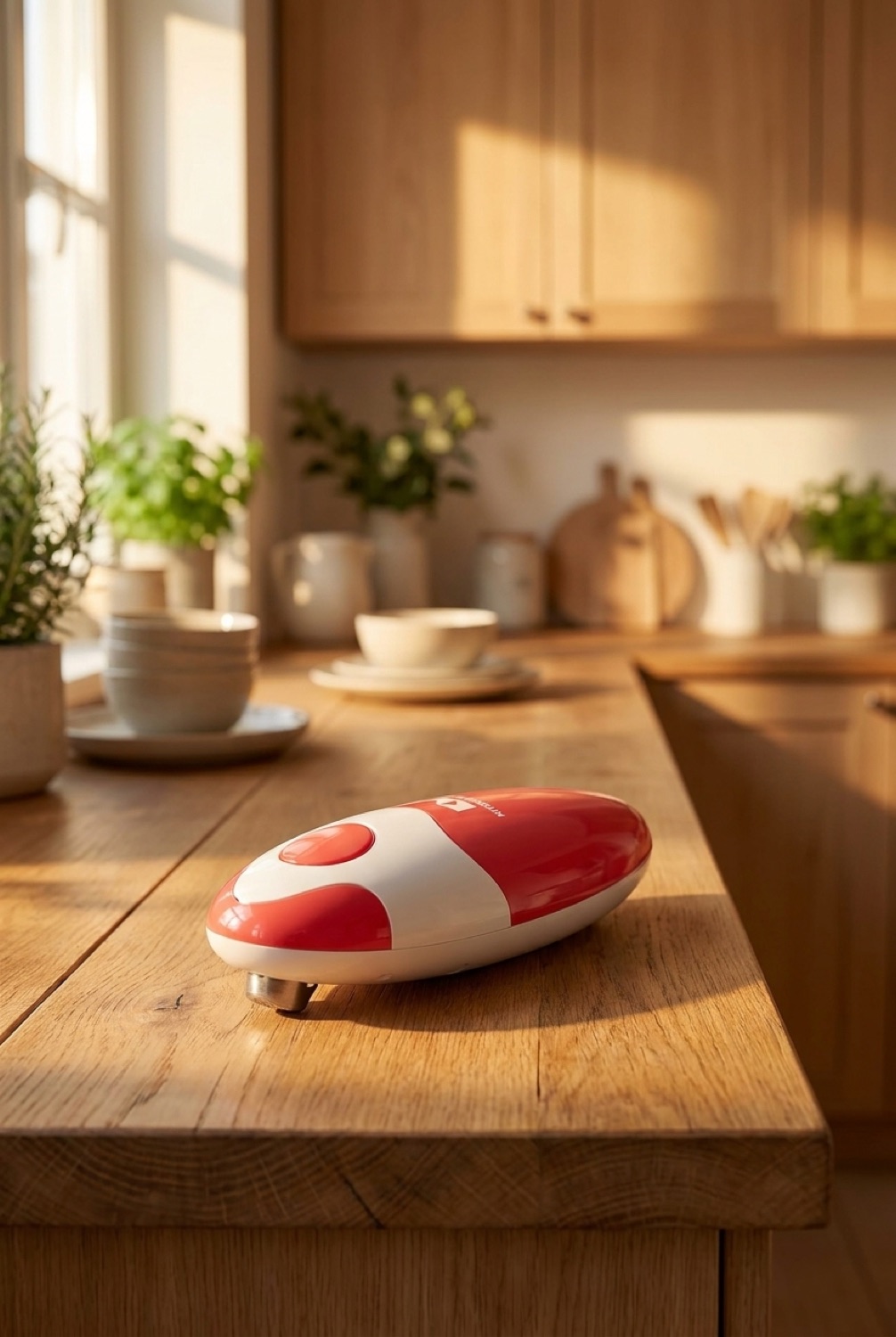 can opener on a warm oak kitchen counter in soft golden-hour light