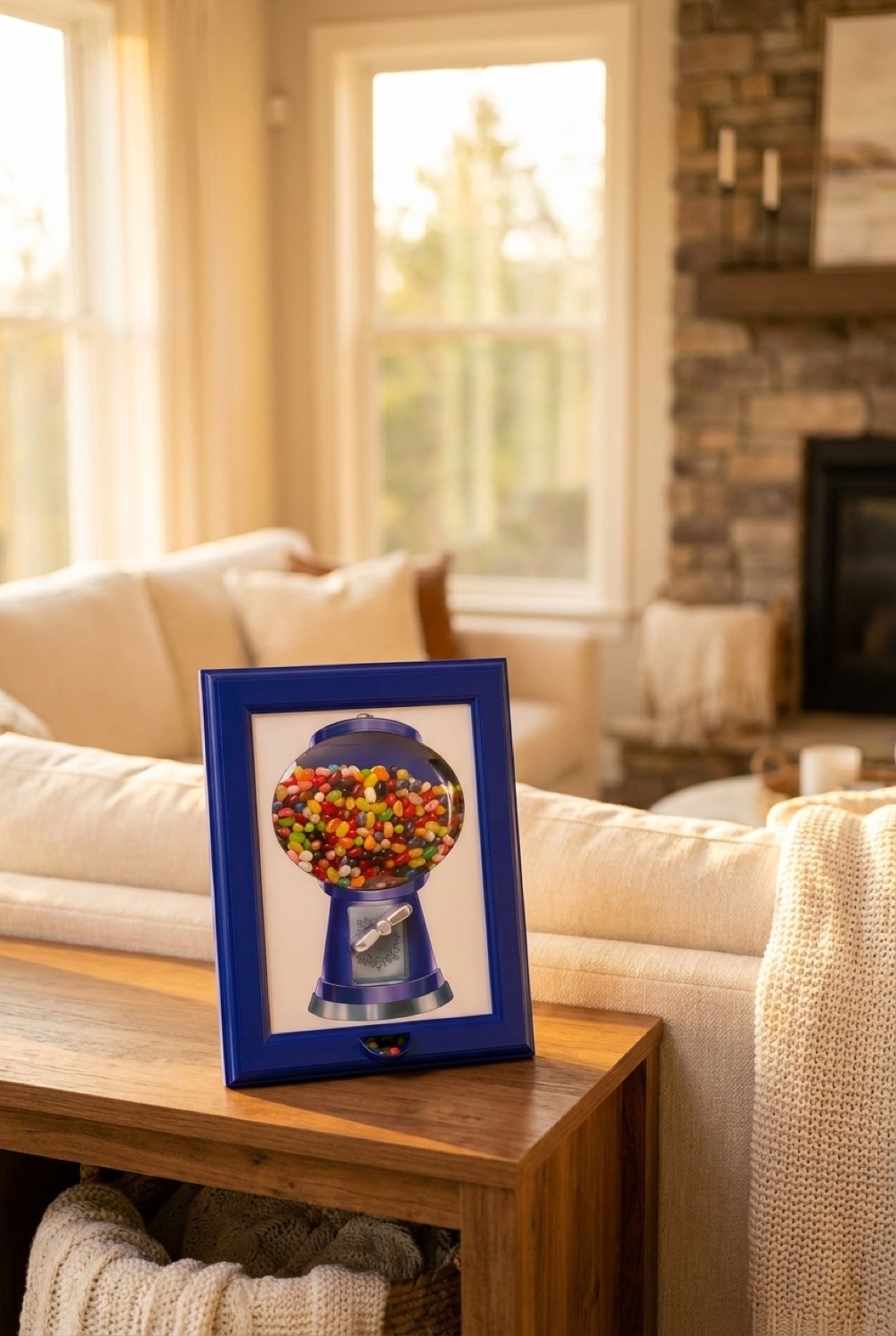 candy dispenser frame in a warm cosy living room in soft golden-hour light