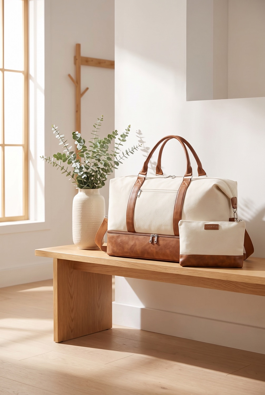 Cream canvas weekender duffel with tan leather trim on a light oak bench in a sunlit entryway