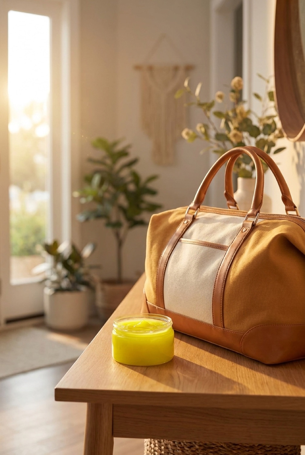 car cleaning gel beside a packed bag in a bright entryway in soft golden-hour light