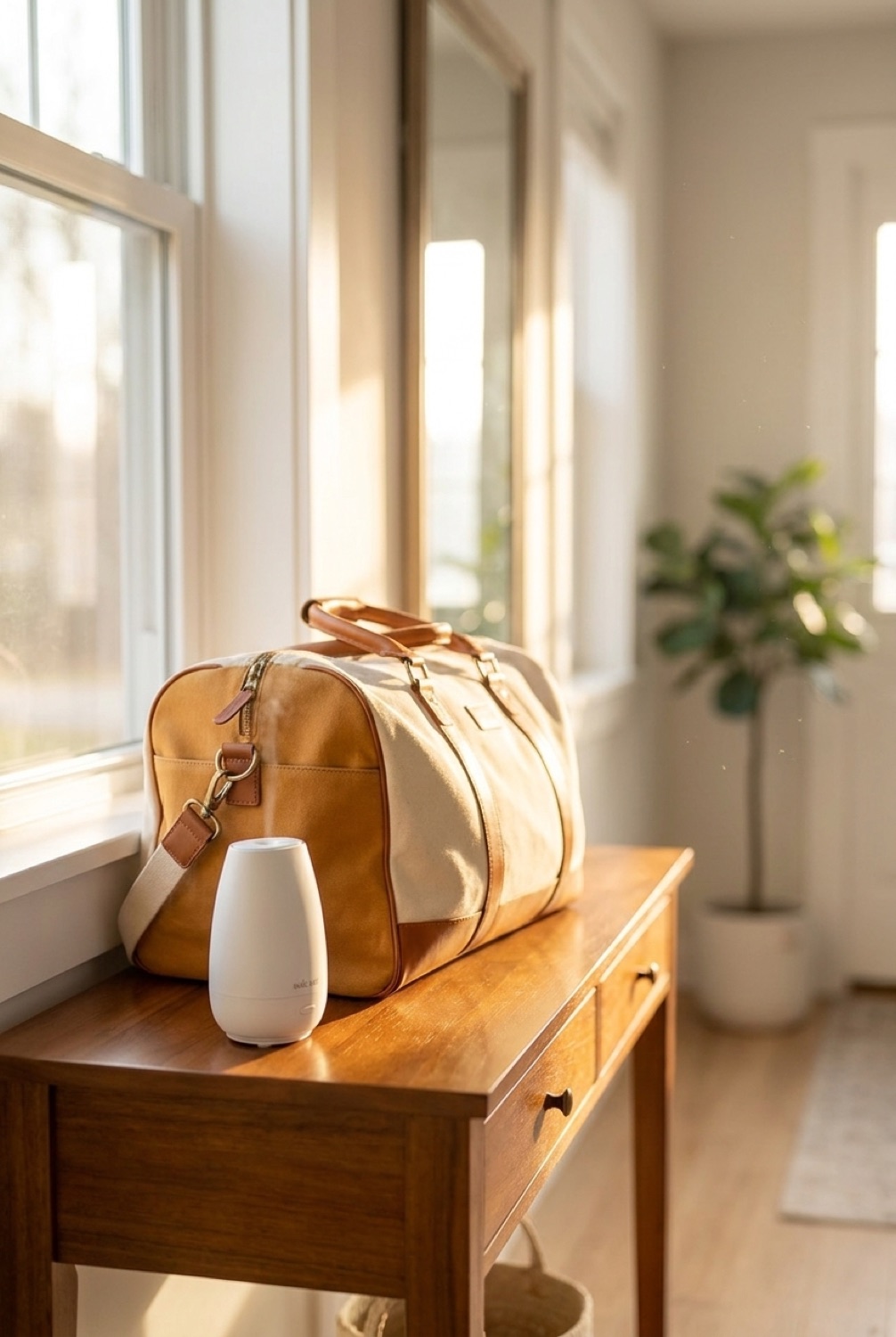 car diffuser beside a packed bag in a bright entryway in soft golden-hour light