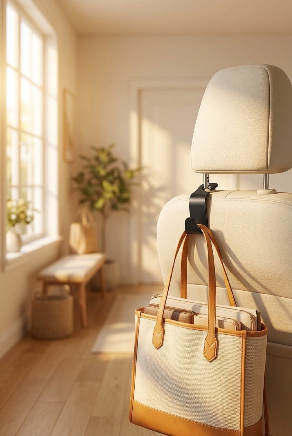 Car Headrest Hooks in a calm bright entryway in soft golden-hour light