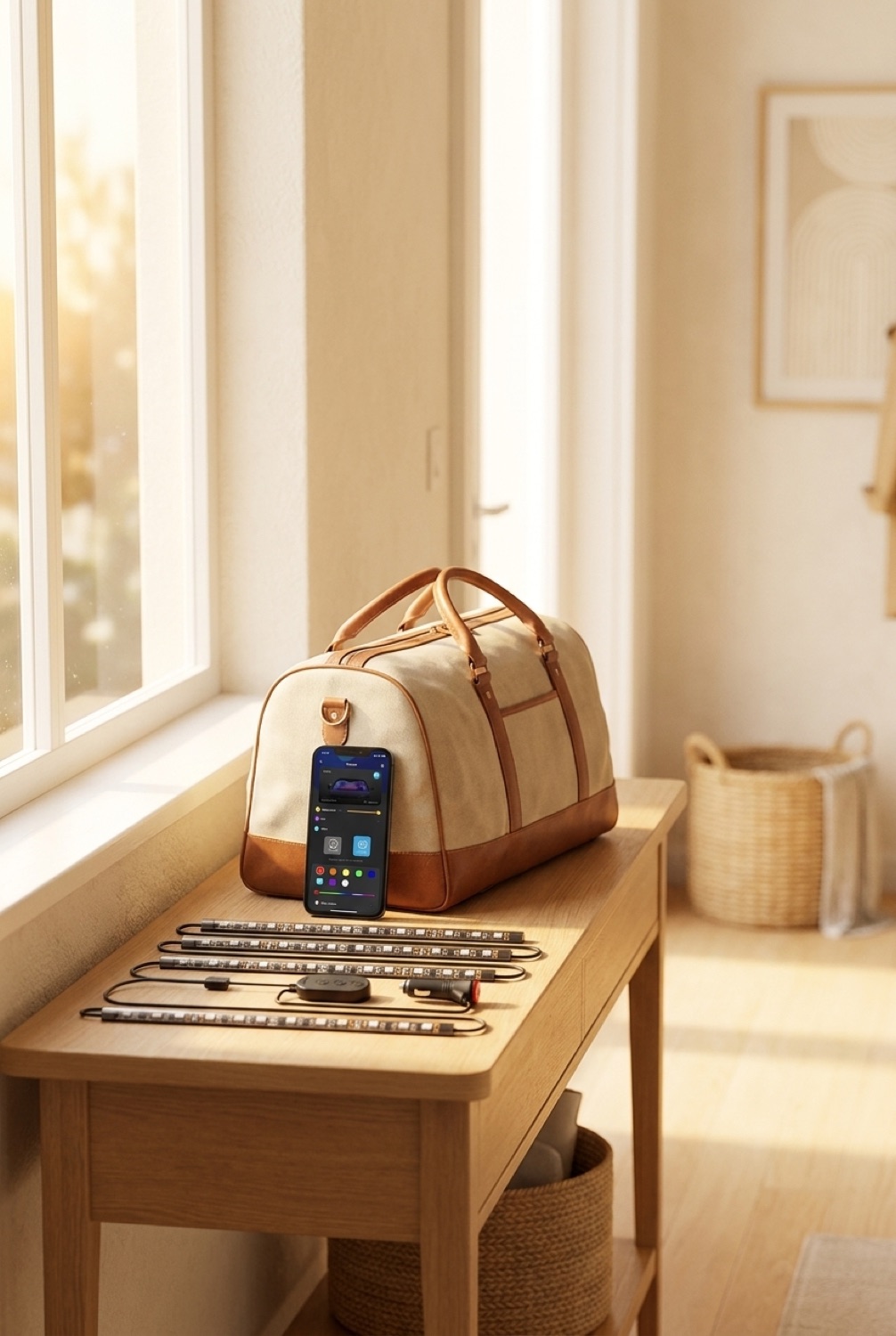 car LED lights beside a packed bag in a bright entryway in soft golden-hour light