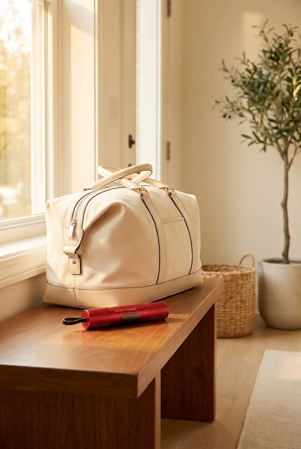 car safety hammer beside a packed bag in a bright entryway in soft golden-hour light