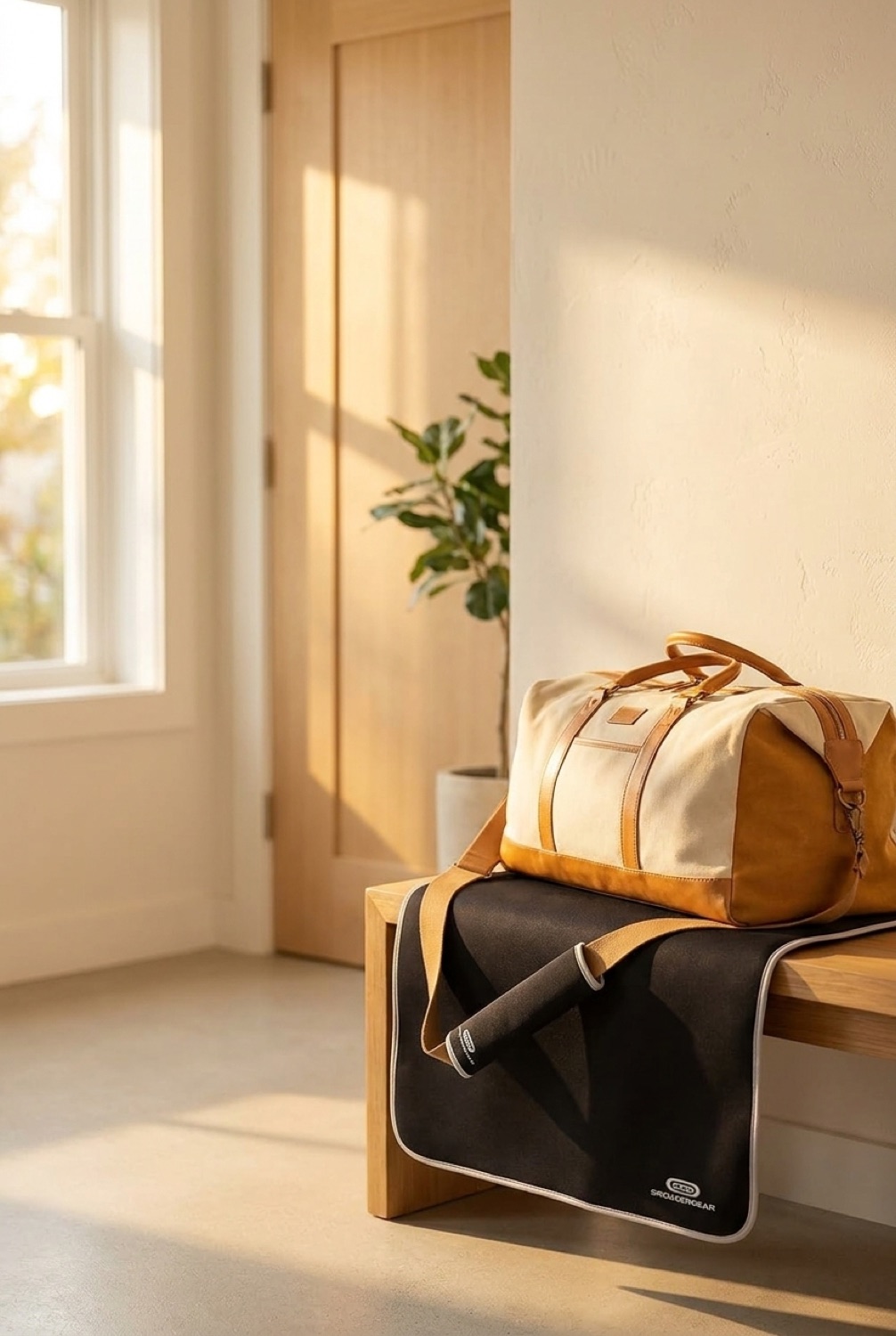 car seat cover beside a packed bag in a bright entryway in soft golden-hour light