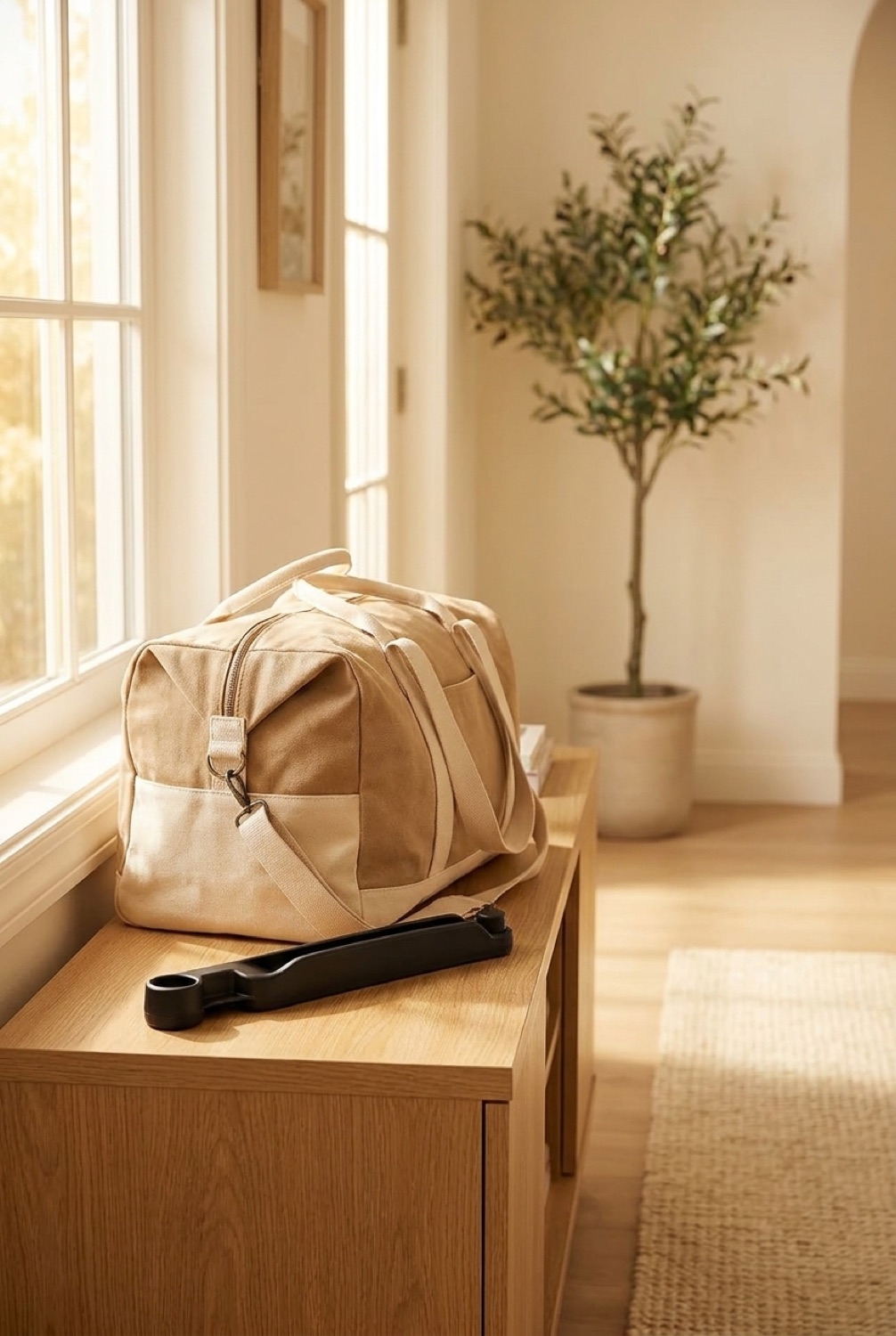 car seat gap organizer beside a packed bag in a bright entryway in soft golden-hour light