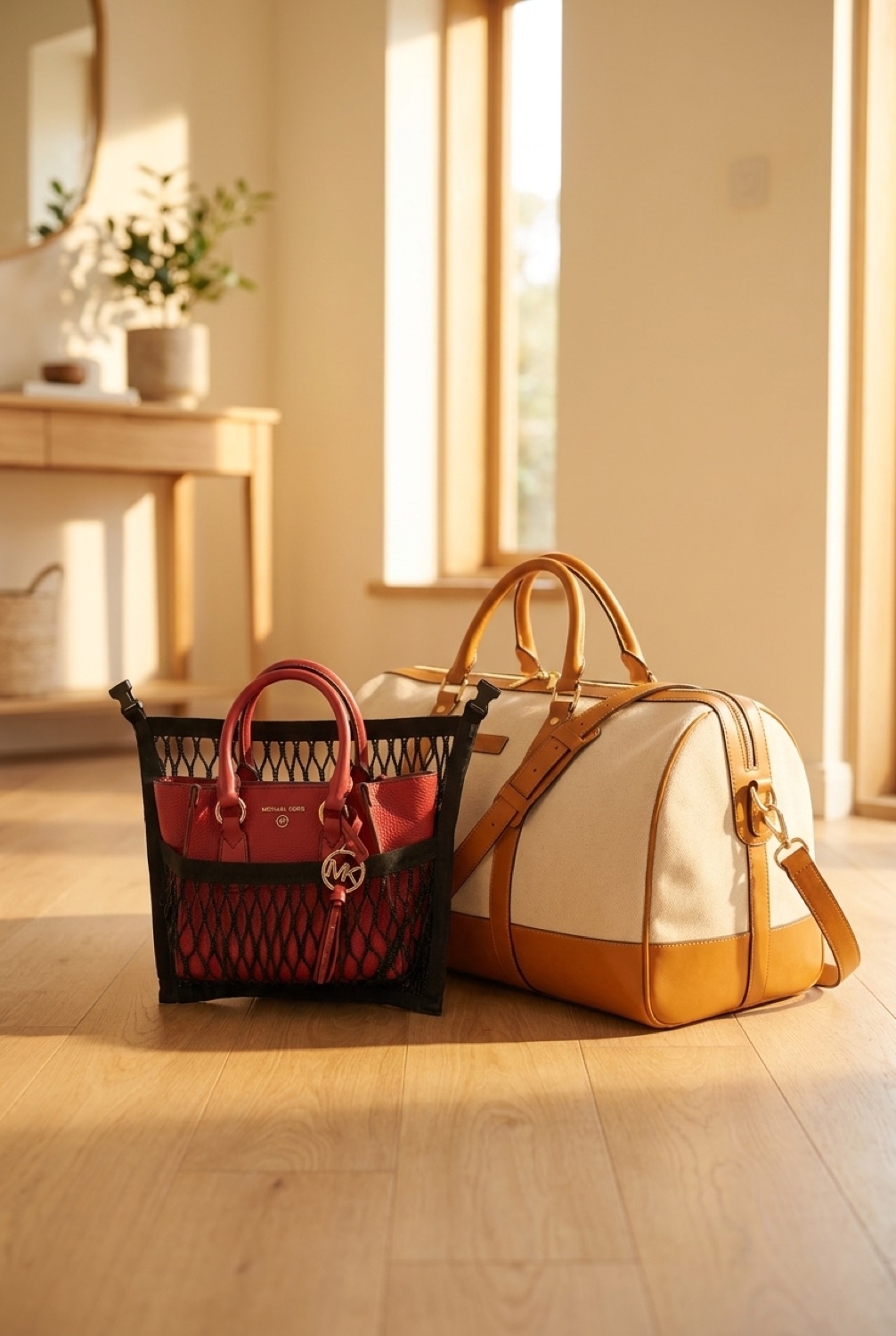 car seat net organizer beside a packed bag in a bright entryway in soft golden-hour light