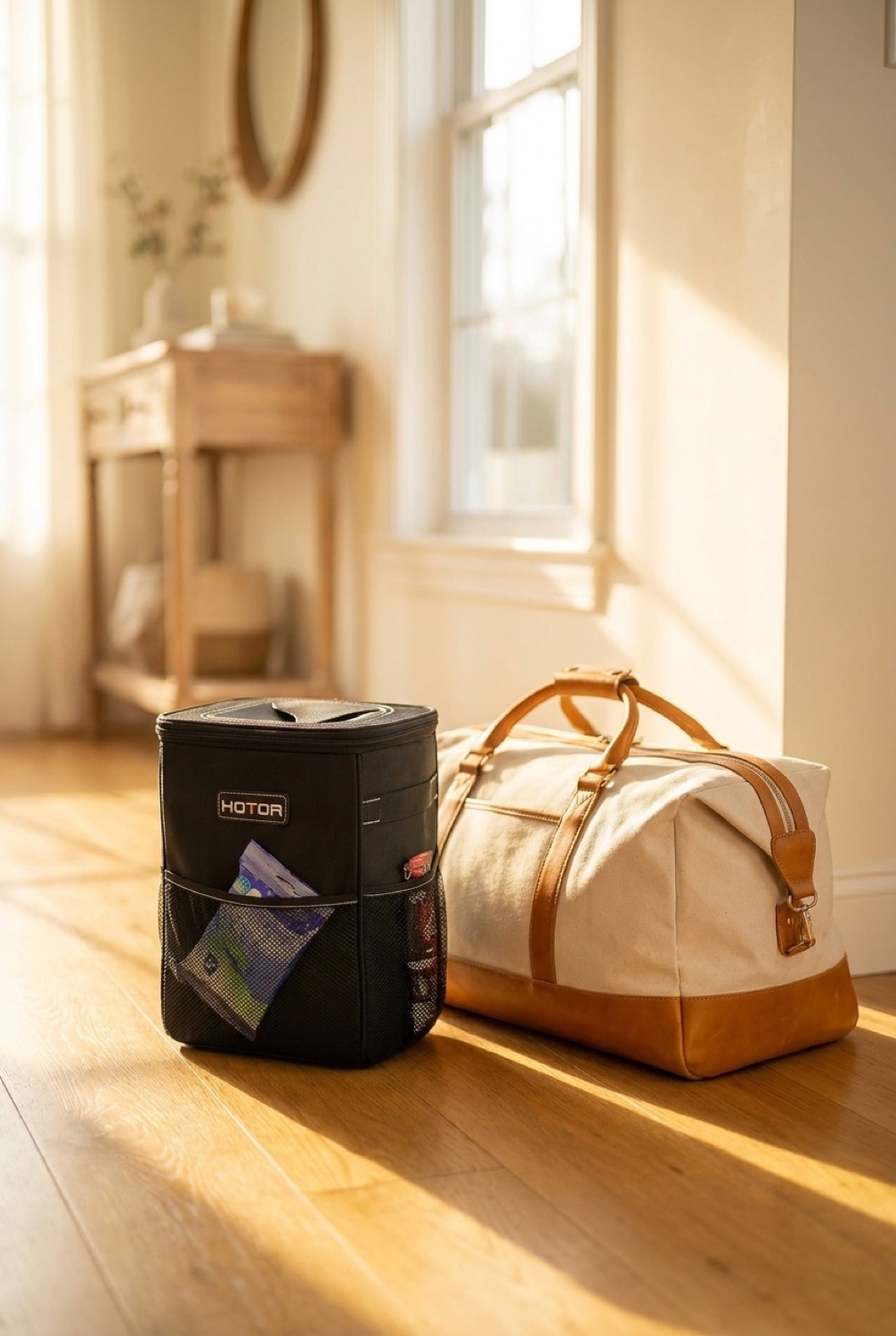 car trash can beside a packed bag in a bright entryway in soft golden-hour light