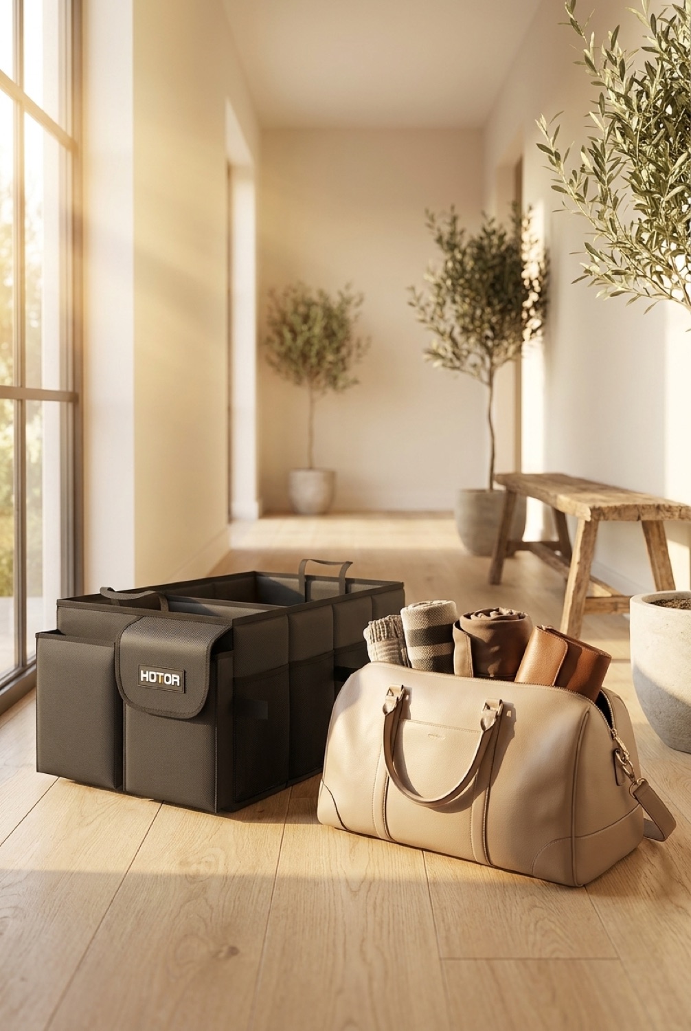 Car Trunk Organizer in a calm bright entryway in soft golden-hour light