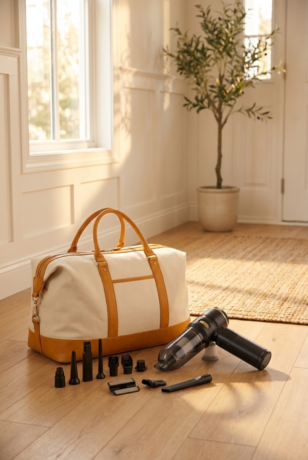 car vacuum beside a packed bag in a bright entryway in soft golden-hour light