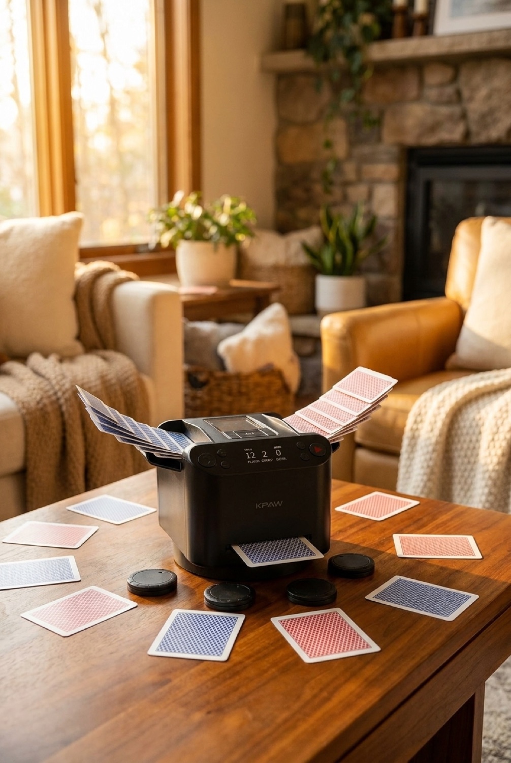 card shuffler in a warm cosy living room in soft golden-hour light