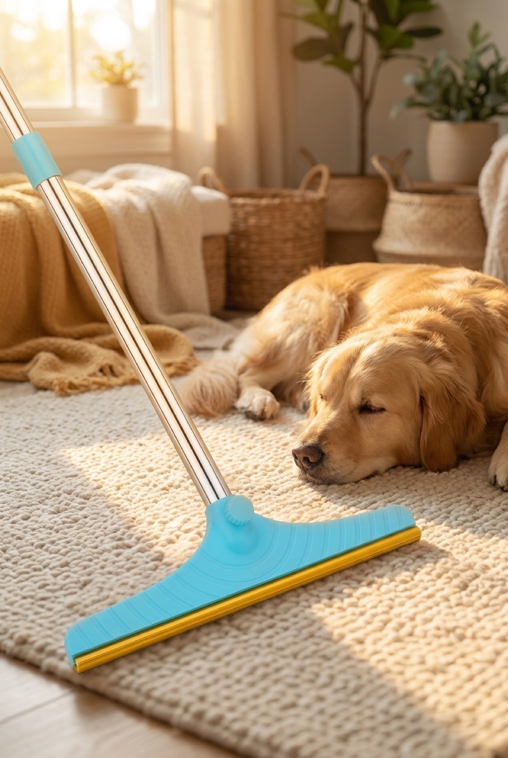 carpet pet hair rake in a cosy home pet corner in soft golden-hour light