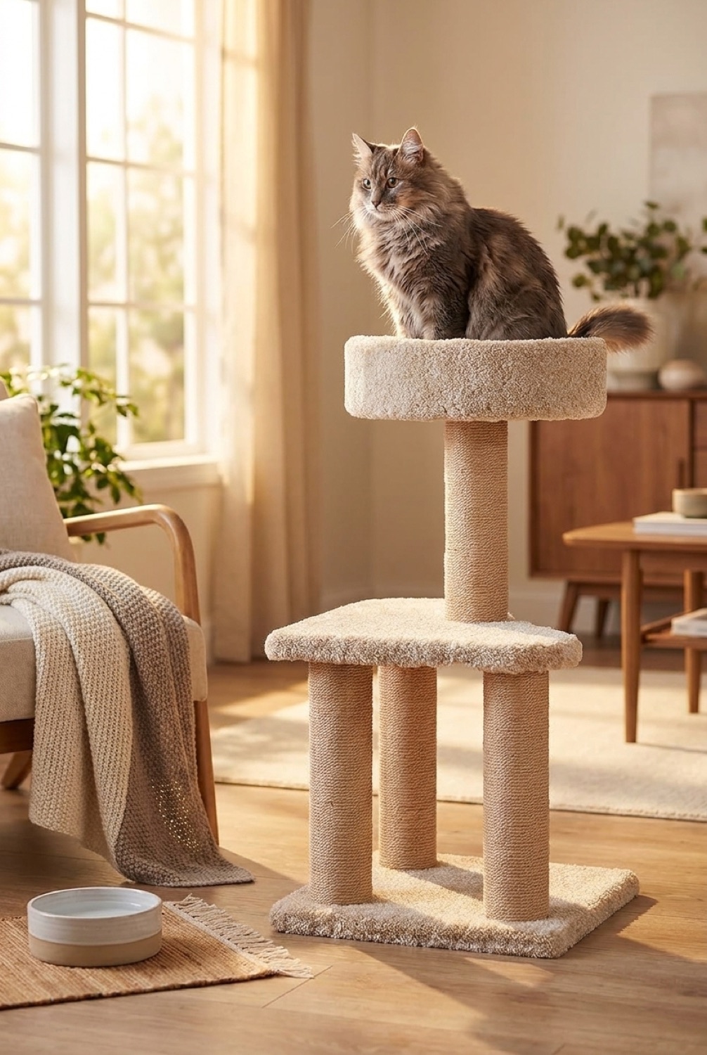 cat tree tower in a cosy home pet corner in soft golden-hour light