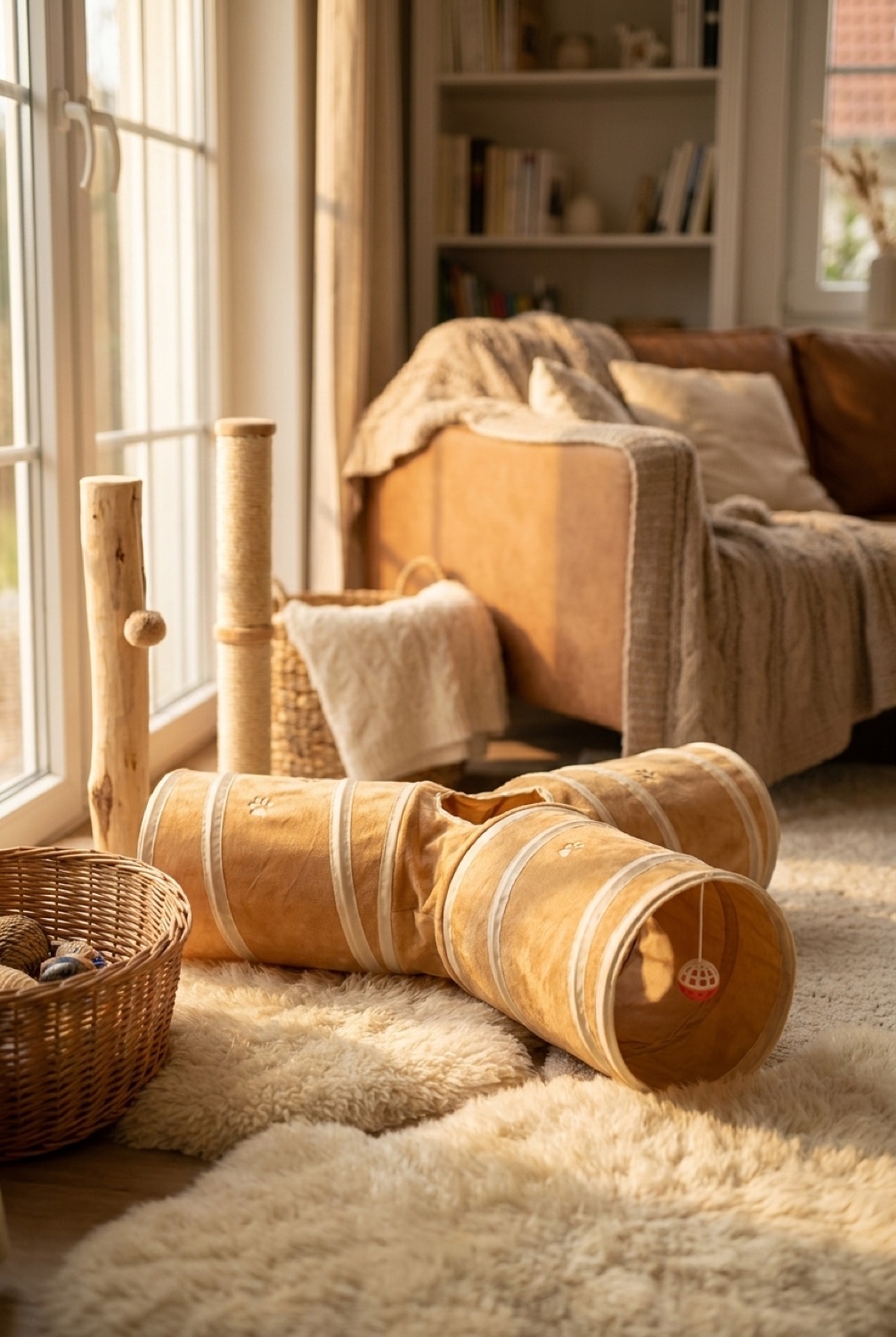 Cat Tunnel in a calm home in soft golden-hour light