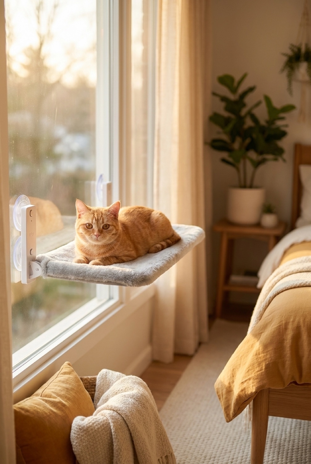 Cat Window Perch in a calm home in soft golden-hour light