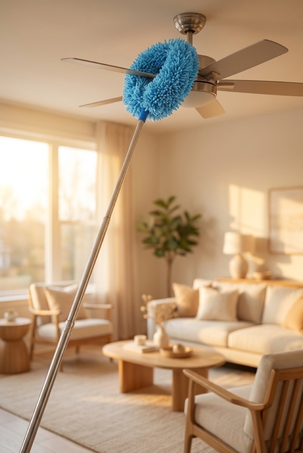 Ceiling Fan Duster in a calm clean home in soft golden-hour light