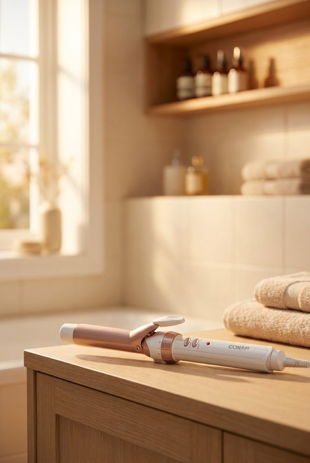 ceramic curling iron on a calm bathroom vanity in soft golden-hour light