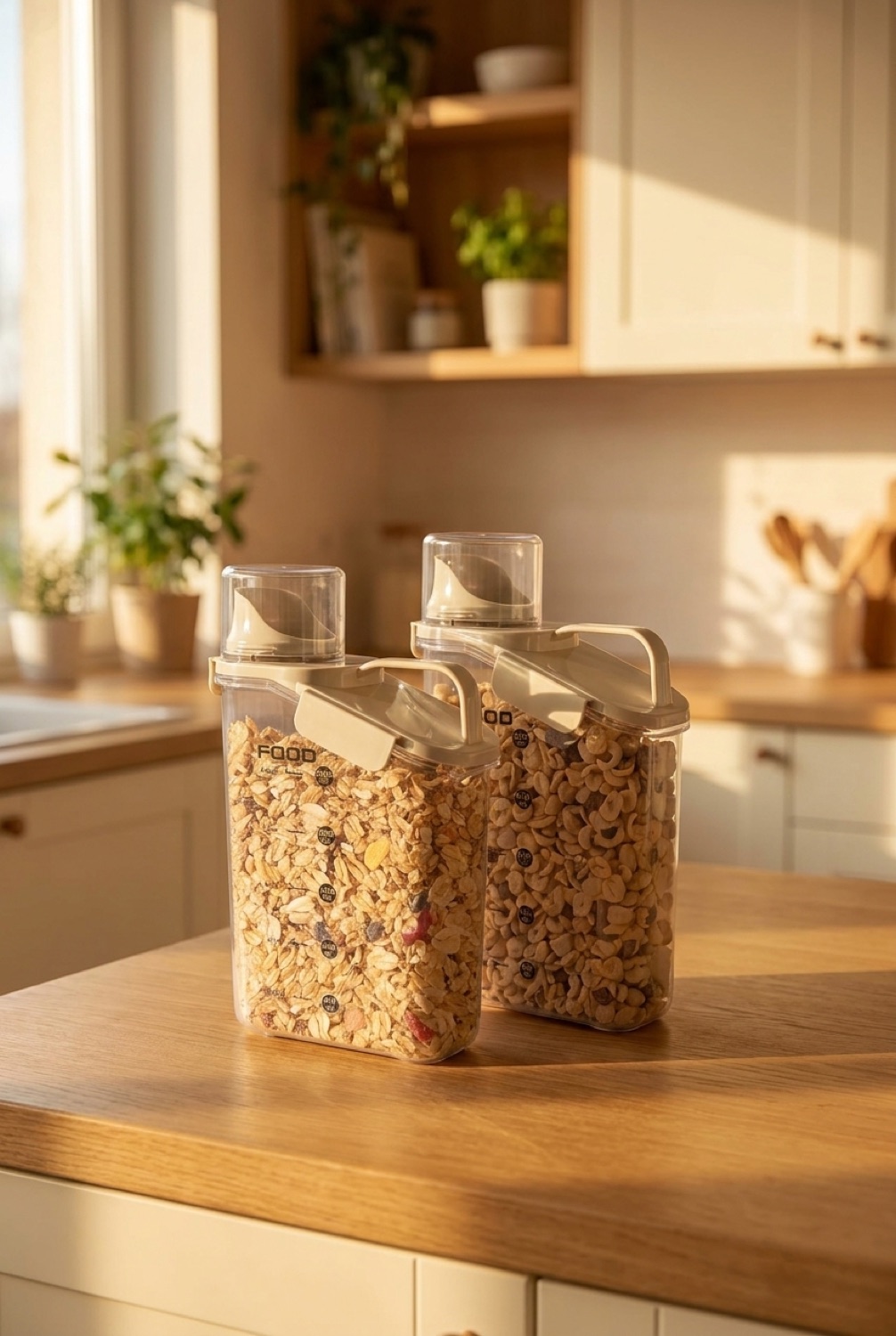 cereal storage container on a warm oak kitchen counter in soft golden-hour light