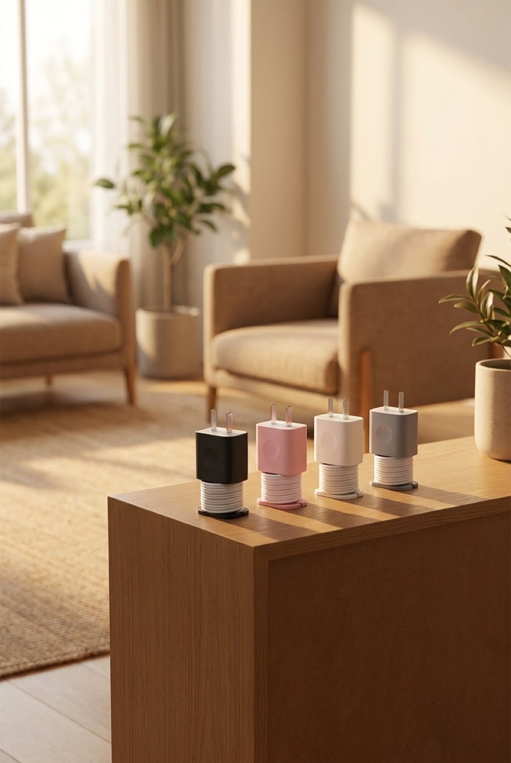 charger cable protector on a clean modern console in soft golden-hour light
