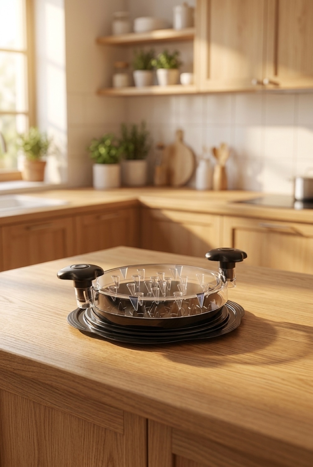 chicken shredder on a warm oak kitchen counter in soft golden-hour light
