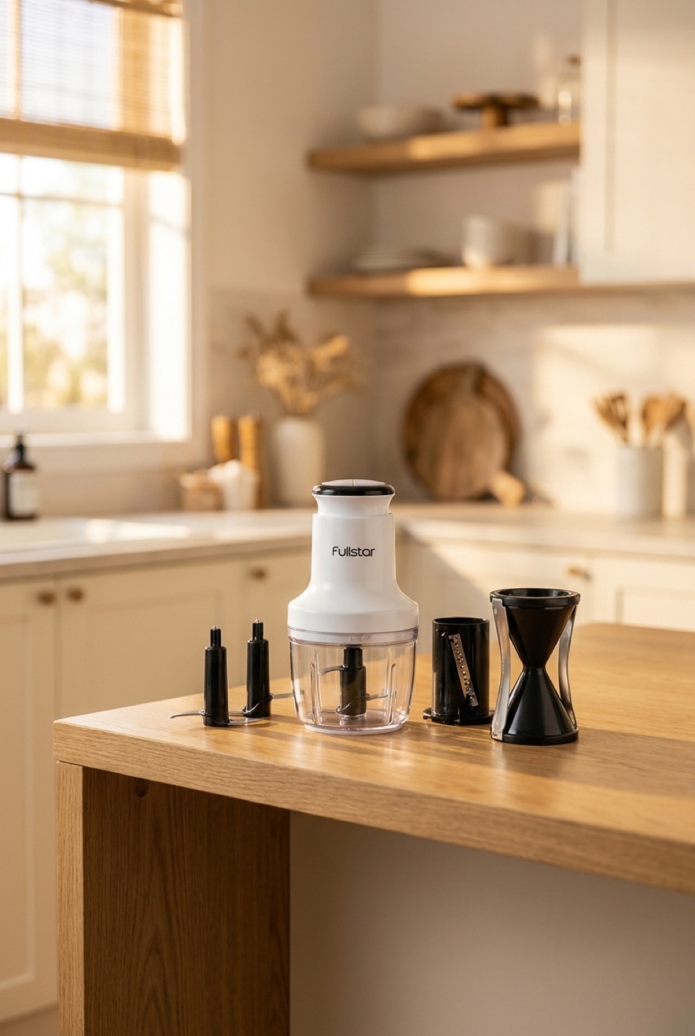 chopper & spiralizer on a warm oak kitchen counter in soft golden-hour light