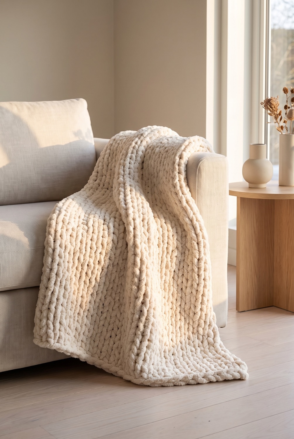 Cream chunky knit throw draped over the arm of a pale linen sofa in golden-hour light
