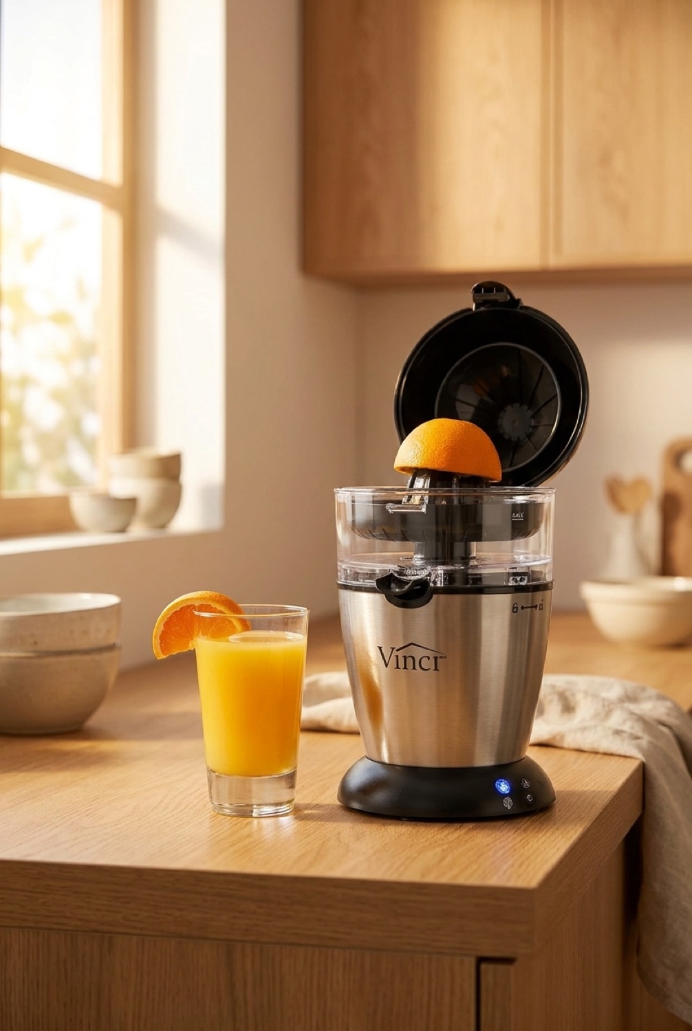 citrus juicer on a warm oak kitchen counter in soft golden-hour light