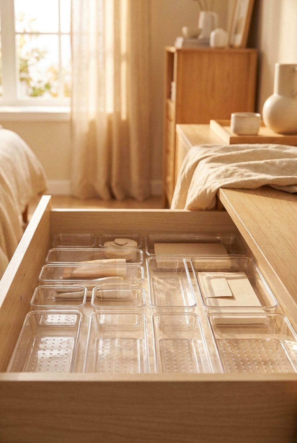 clear drawer organizers neatly arranged in a tidy space in soft golden-hour light