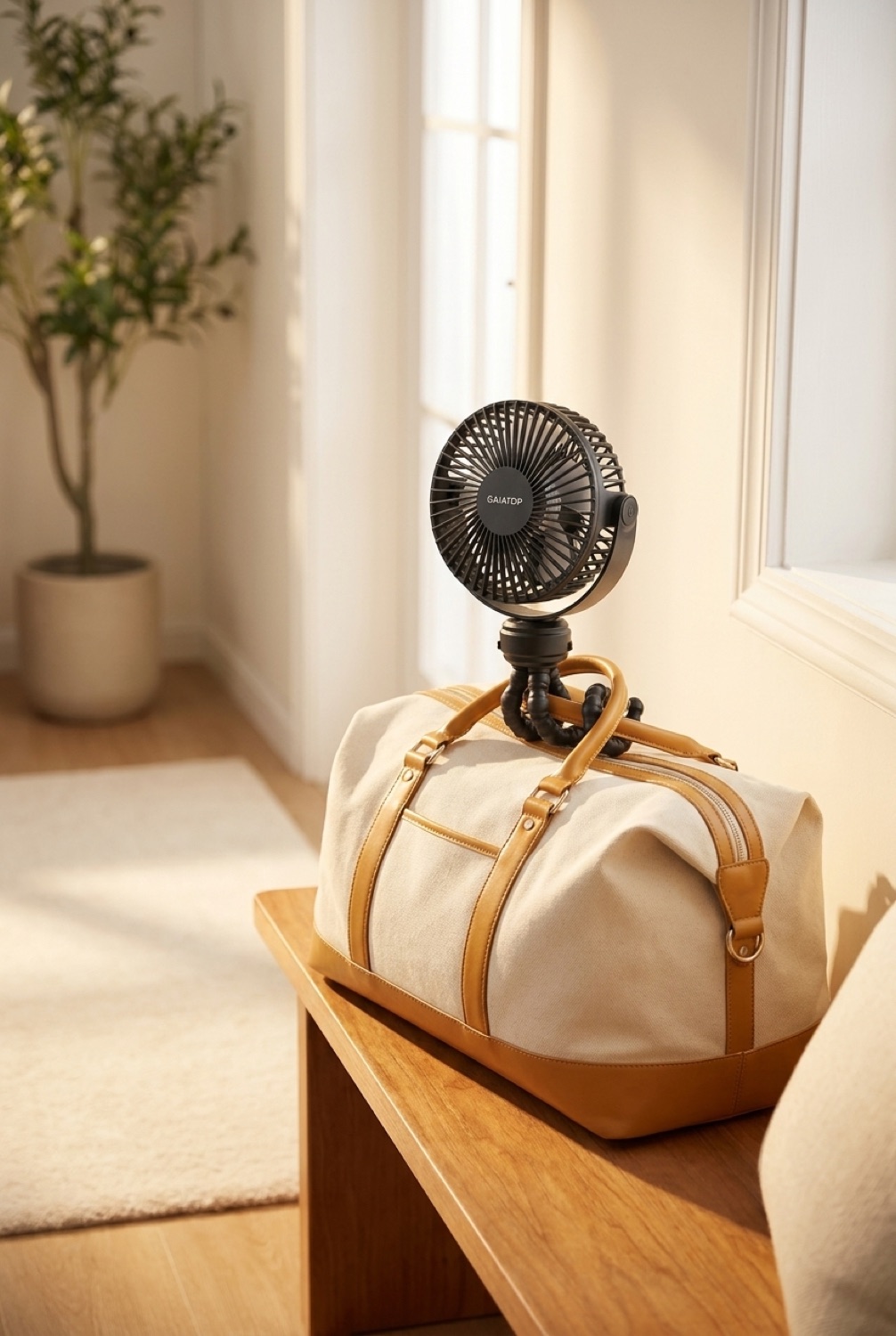 clip-on fan beside a packed bag in a bright entryway in soft golden-hour light