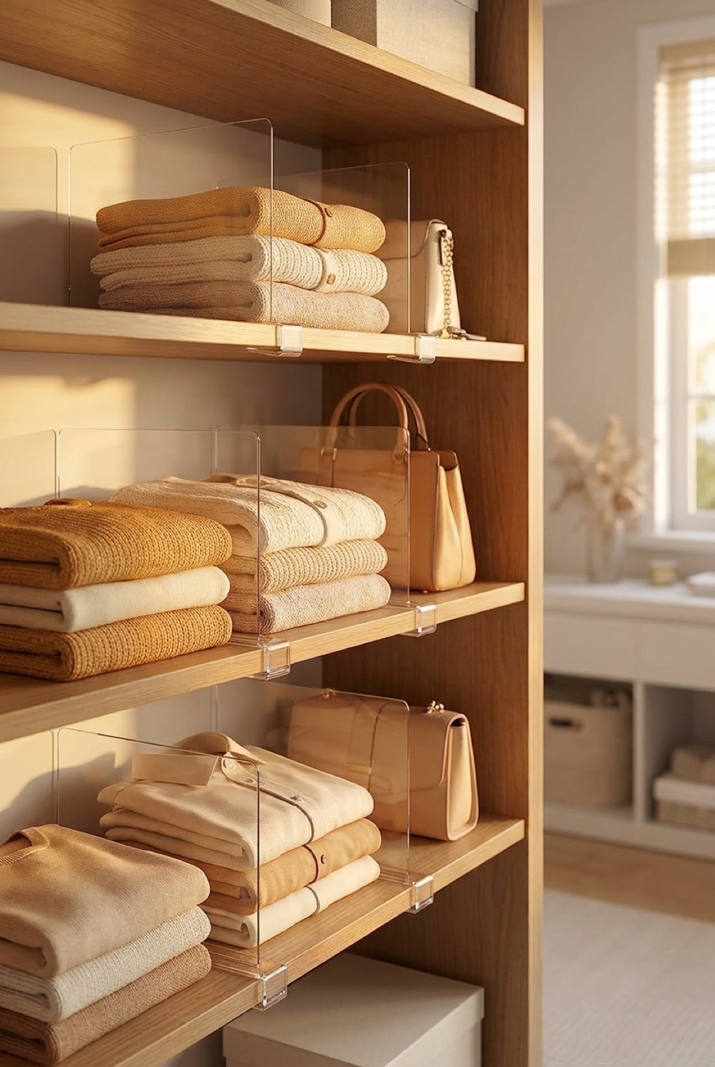 Closet Shelf Dividers in a calm organised home in soft golden-hour light