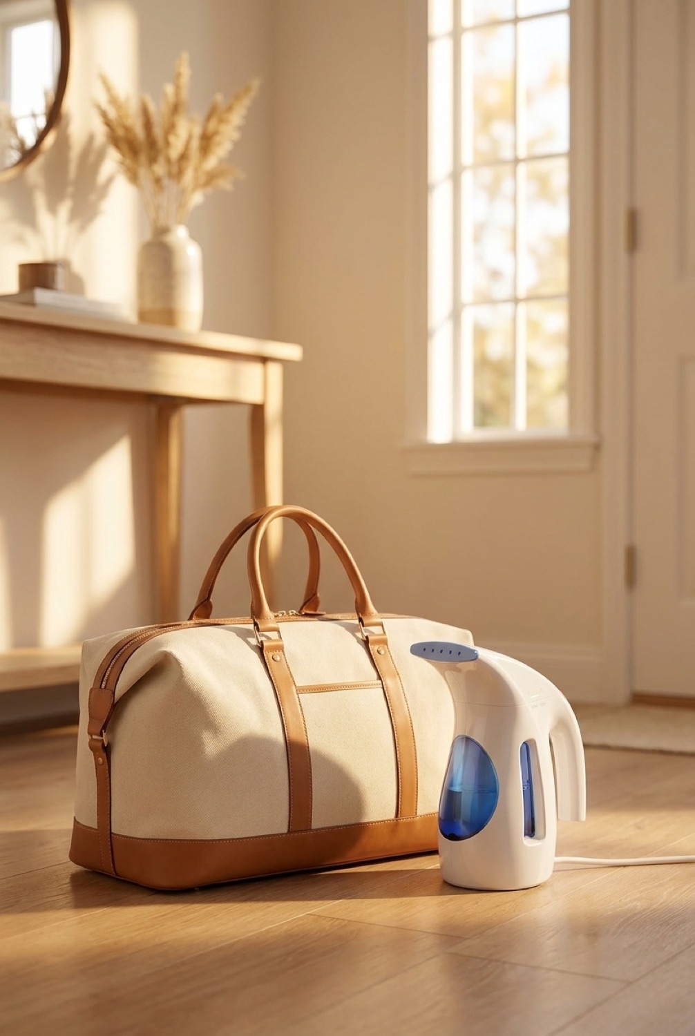 clothes steamer beside a packed bag in a bright entryway in soft golden-hour light
