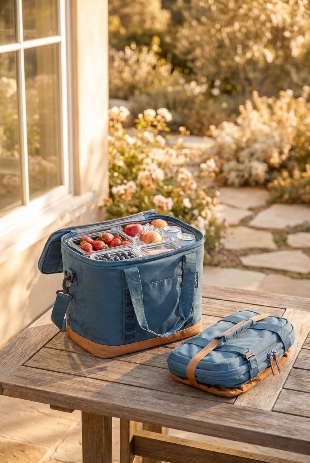 collapsible cooler on a sunny garden patio in soft golden-hour light