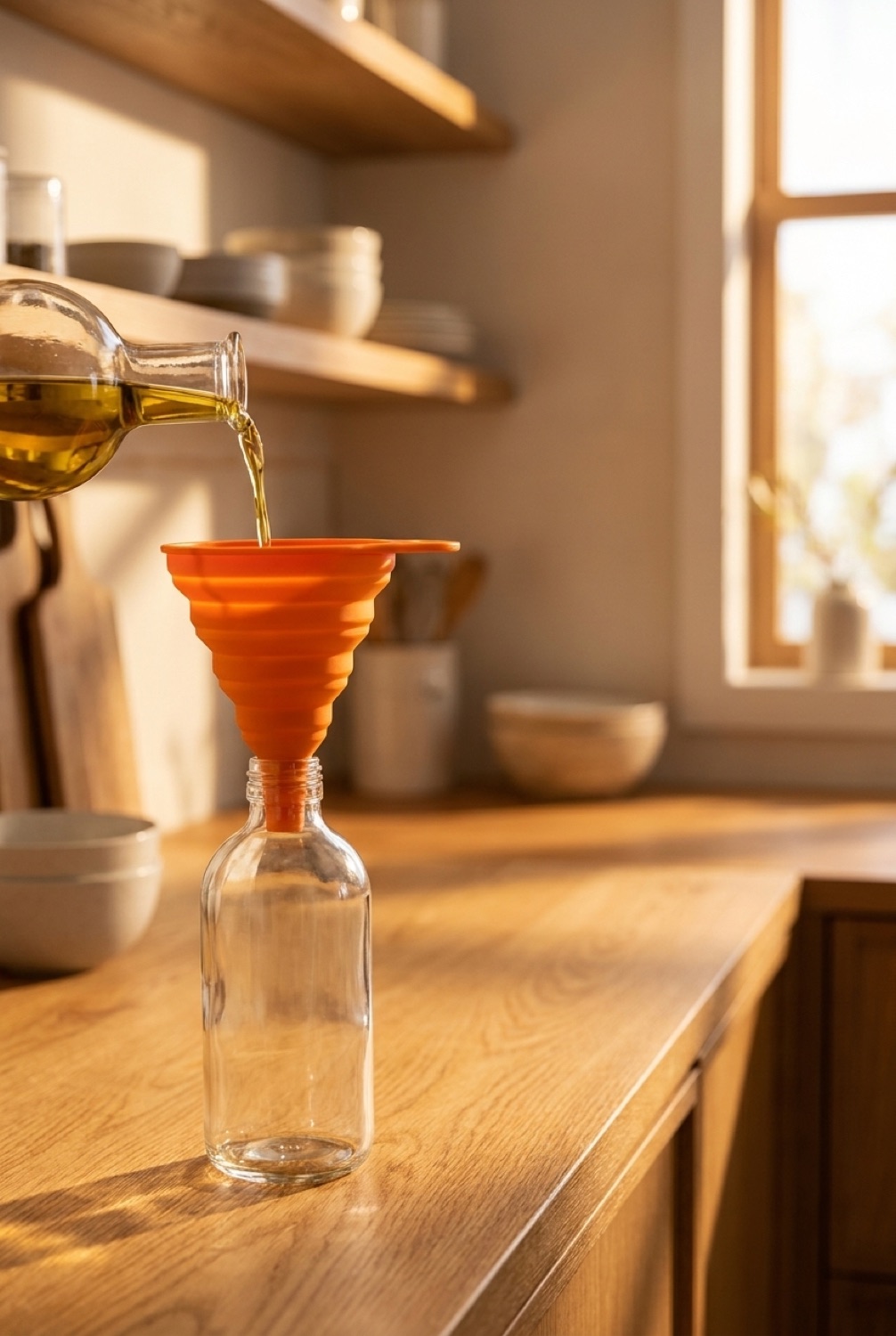 collapsible kitchen funnel in soft golden-hour light