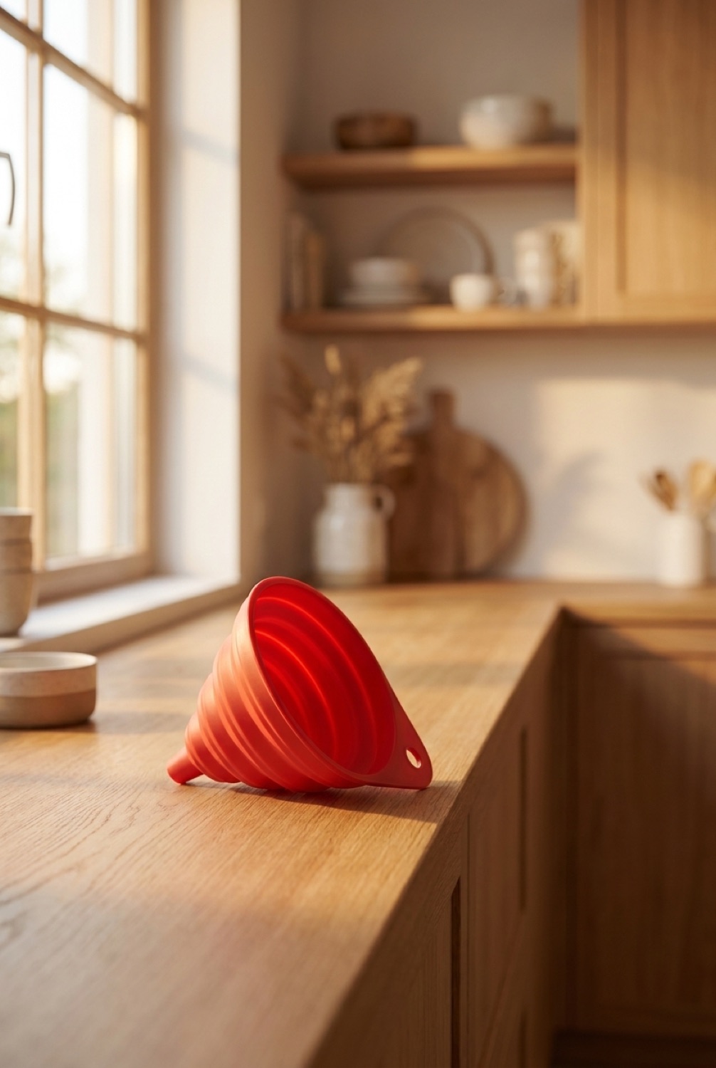 collapsible kitchen funnel on a warm oak kitchen counter in soft golden-hour light