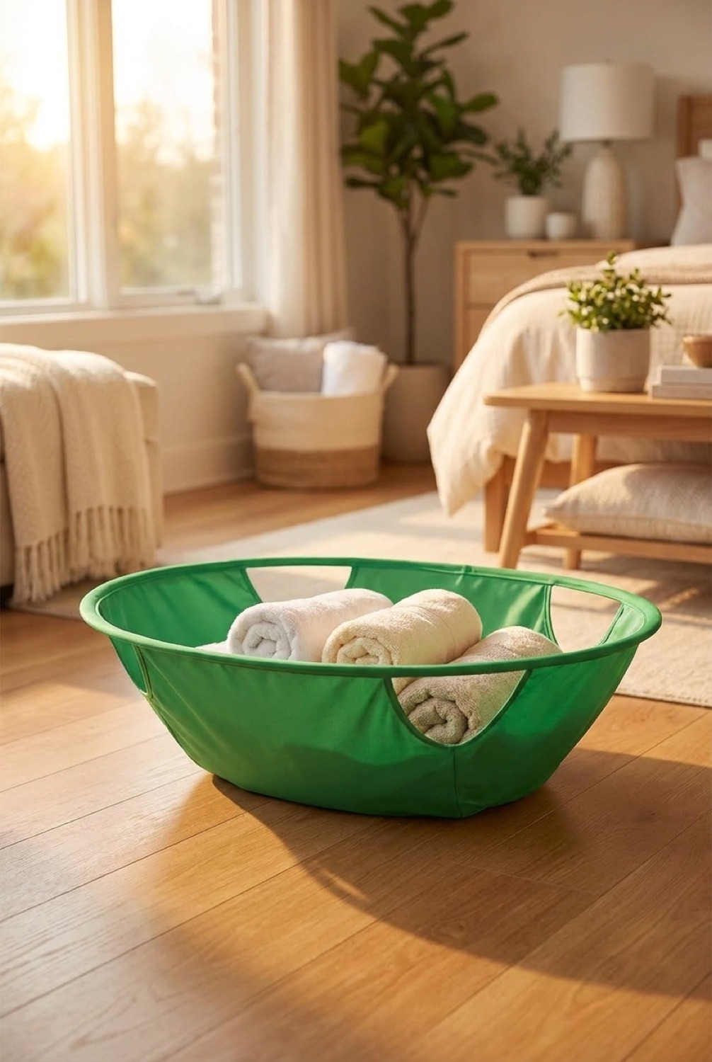Collapsible Laundry Basket in a calm organised home in soft golden-hour light