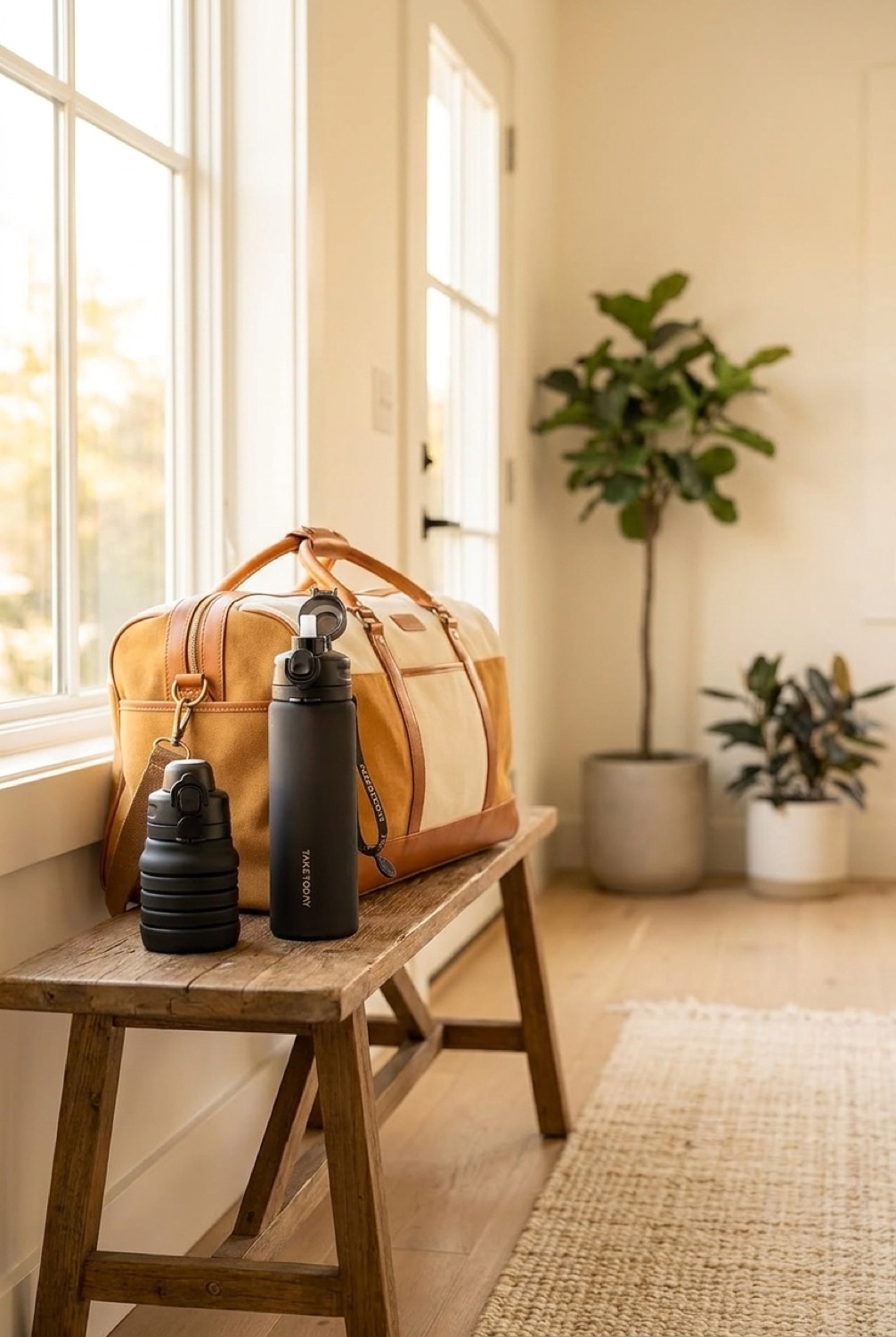 collapsible water bottle beside a packed bag in a bright entryway in soft golden-hour light