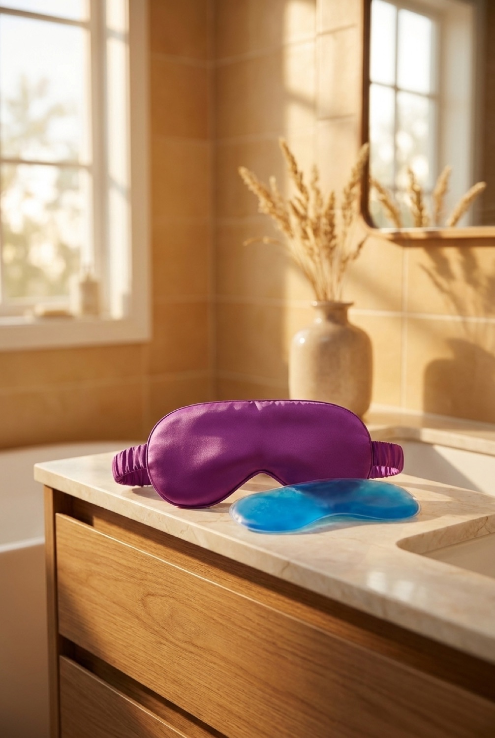 cooling eye mask on a calm bathroom vanity in soft golden-hour light