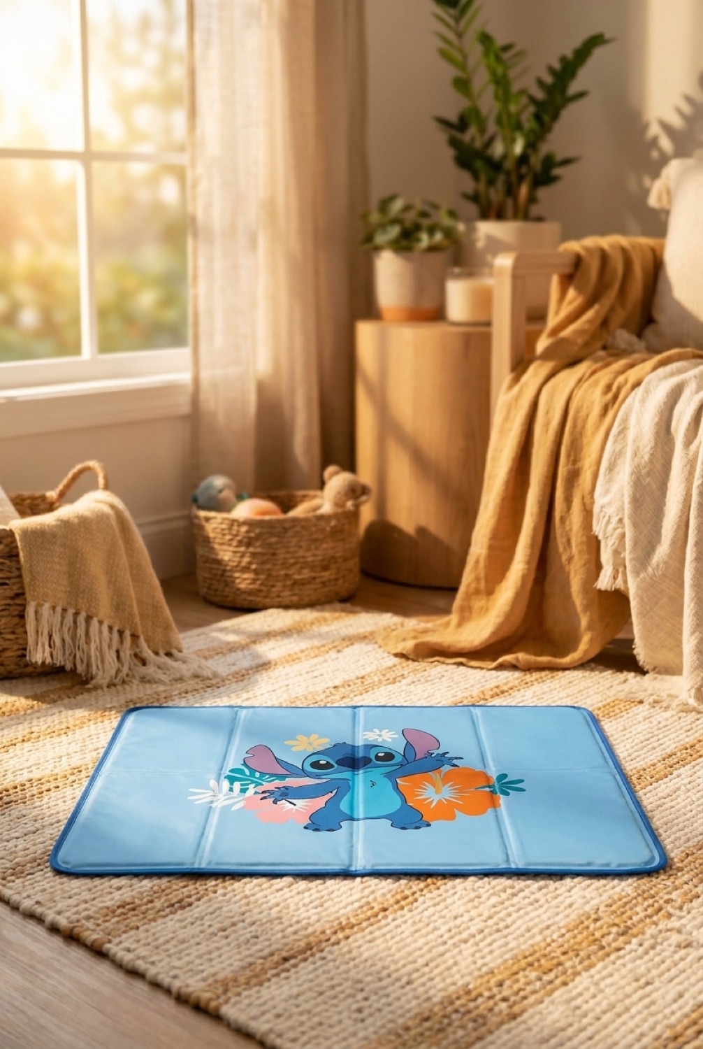 cooling pet pad in a cosy home pet corner in soft golden-hour light